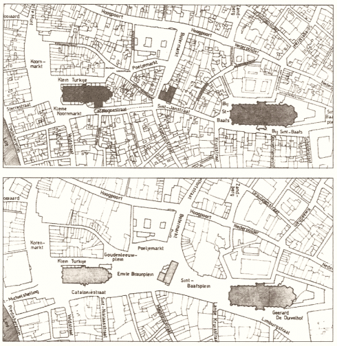 De Kuip, vÃ³Ã³r en na de transformatie -- Plannen door Yves Lucq (volgens Kadasterplan 1875, Stadsarchief Gent). - Uit; Capiteyn (1988:29)
