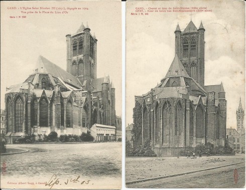Serie 1 nr. 288 Sint- Niklaaskerk III (1051), ontmanteld in 1904. Zicht van op het Goudenleeuwplein en  Serie 1 nr. 361 Koor en toren van Sint-Niklaaskerk (XIIIde  eeuw)