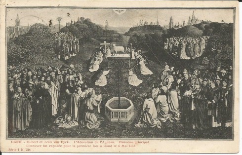 Serie 1 nr. 318 Hubert en Jan van Eyck. De aanbidding van het Lam. Voornaamste paneel. Het werk werd voor het eerst tentoongesteld in Gent op 6/5/1432